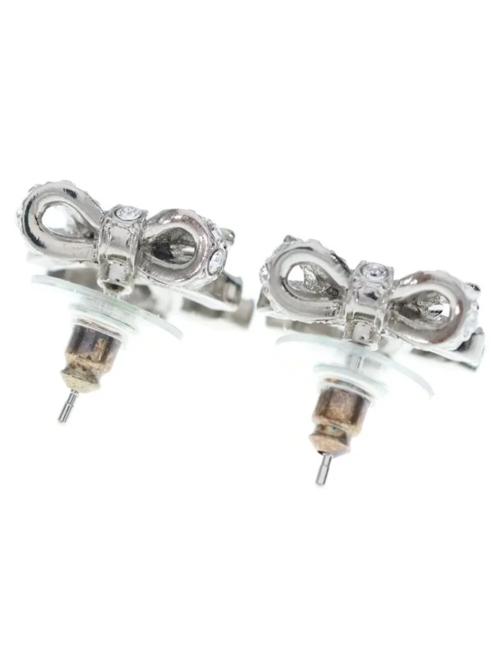 Chanel Rhinestone CC Logo Ribbon Earrings Silver